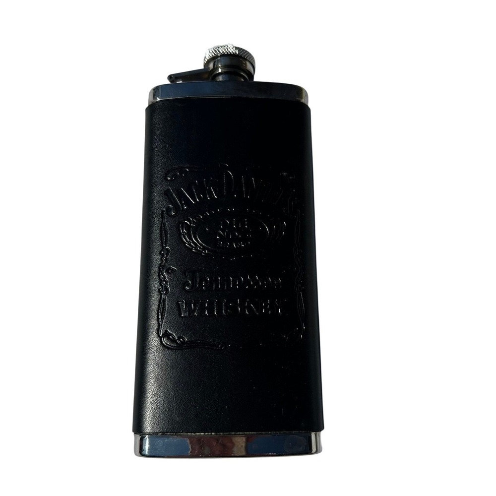 Jack Daniels Hip Flask 5oz Black Leather Wrap Stainless Steel 2010 Embossed Logo